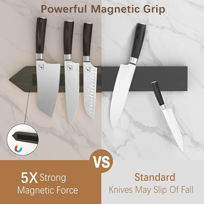 imarku 16" Magnetic Knife Strip, Heavy Duty Wall Mounted Knife Holder, Secure Magnetic Grip for Easy Organization, Kitchen Utensil Rack with 4 Hooks, dark