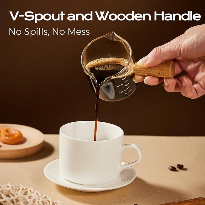 YARRAMATE 2.5 oz/75ML Espresso Shots Cup with Wooden Handle, Clear Glass Demitasse Cup with Dual Scale Markings for Coffee Extraction (2 Pack, Double Spout)