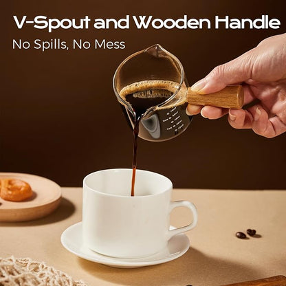 YARRAMATE 2.5 oz/75ML Espresso Shots Cup with Wooden Handle, Clear Glass Demitasse Cup with Dual Scale Markings for Coffee Extraction (1 Pack, Double Spout)