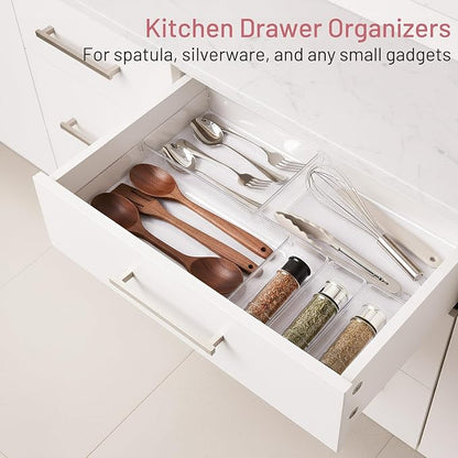 8 Pack Large Clear Plastic Drawer Organizer Bins - Acrylic Bathroom Drawer Organizer Trays - Heavy Duty Kitchen Drawer Dividers for Utensils - Non-Slip Storage Bins for Makeup, Bedroom, Office Desk