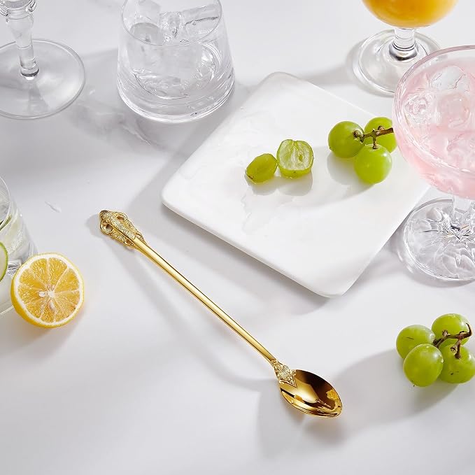 KEAWELL Luxurious 9 Inch Long Iced Tea Spoon Set - 4 Pieces - Gorgeous Design with Exceptional Mirror Polished Finish - 18/10 Stainless Steel- Perfect for Tall Glasses, Cocktails (Gold)