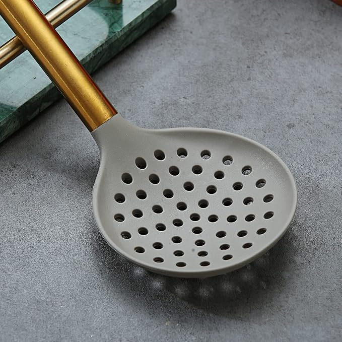 Gold Skimmer, Berglander Non-stick Silicone Strainer With Titanium Gold Plating handle, Kitchen Cooking Skimmers For Non-Stick Cookware, Dishwasher Safe, Easy to Clean