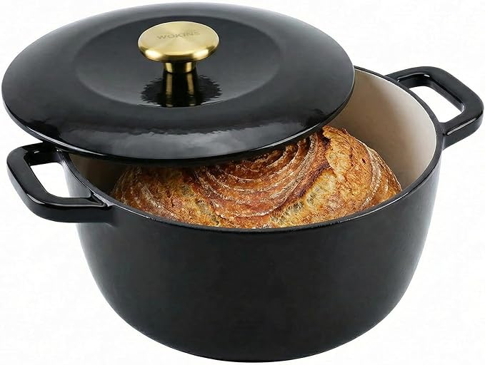 7QT Enamel Cast Iron Dutch Oven with Lid,Dual Handles,Versatile Heavy-Duty Non-toxic Cookware for Sourdough Bread Baking,Braising,Stews,Roasting,Oven Safe up to 500°F black