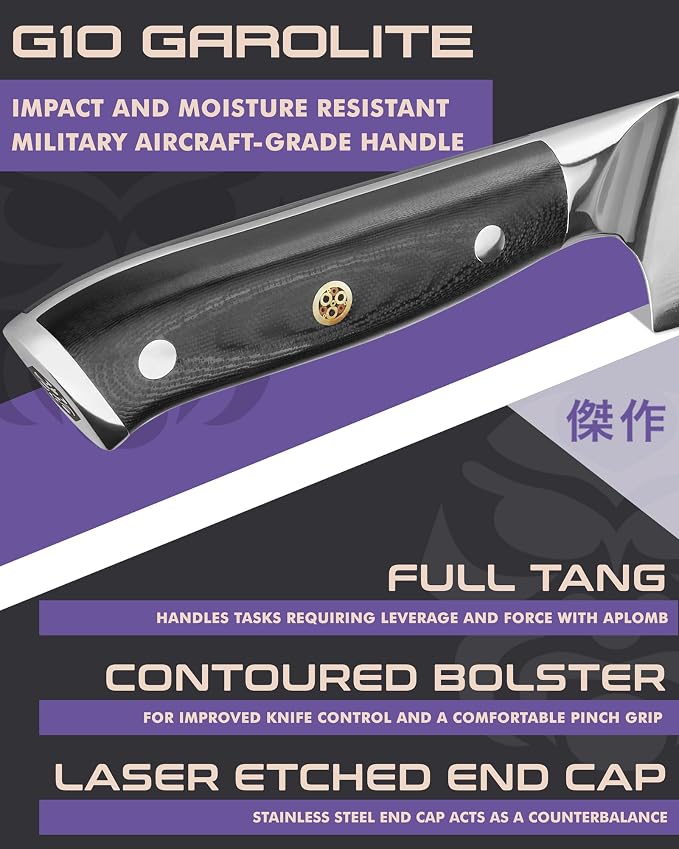 KESSAKU Chef Knife - 9.5 inch - Damascus Dynasty Series - Razor Sharp Kitchen Knife - Forged 67-Layer Japanese AUS-10V High Carbon Stainless Steel - G10 Garolite Handle with Blade Guard