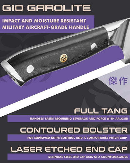 KESSAKU Chef Knife - 9.5 inch - Damascus Dynasty Series - Razor Sharp Kitchen Knife - Forged 67-Layer Japanese AUS-10V High Carbon Stainless Steel - G10 Garolite Handle with Blade Guard