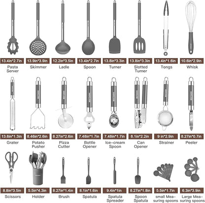 Kitchen Utensils Set-Silicone Cooking Utensils-32pcs Non-Stick Silicone Cooking Kitchen Utensils Spatula Set with Holder-Best Kitchen Cookware with Stainless Steel Handle (Grey)