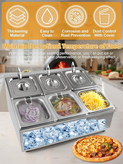 Pizza Topping Station Pizza Storage Container Topping containers with Lids Spoon Condiment Organizers Buffet Containers Set for Restaurant Pizza Sauce Jam Fruit Ingredient (6 Pans)