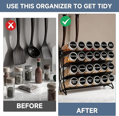 DIDITIME Spice Rack Organizer with 24 Glass Jars and 60 Labels, 4-Tier Seasoning Organizer for Cabinet, Countertop, Pantry or Wall Mount, Rust-Resistant Carbon Steel Spice Jar Set with Marker