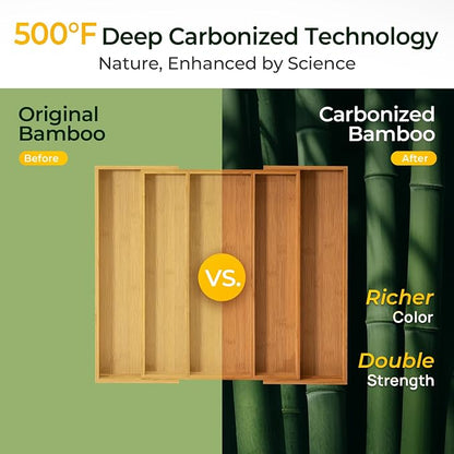 Carbonized Bamboo Kitchen Drawer Organizer, 5 Slots Expandable Silverware Organizer, Utensil Holder & Cutlery Tray, 2.2" Deep for Extra Capacity, Non-Slip Feet Included.