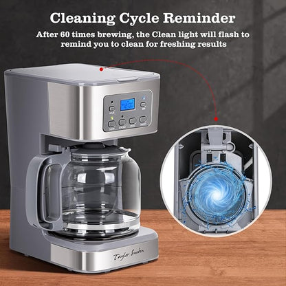 Taylor Swoden 12-Cup Programmable Coffee Maker, Regular & Strong Brew Drip Coffee Machine for Home and Office, Glass Carafe, Pause & Serve, Auto Shut Off, Gray & Stainless Steel