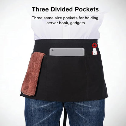 Jubatus 3 Pack 100% Cotton Server Apron with 3 Pockets for Women Men Waist Waitress Half Waiter Serving Short Aprons, Black 23.62 x 11.81 inches