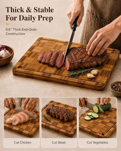 Checkered Cutting Board Set with Holder, Set of 3 Butcher Block End Grain Chopping Boards for Kitchen, Decorative Wooden Boards with Stand for Serving, Charcuterie, Meat, Fruit and Meal Prep