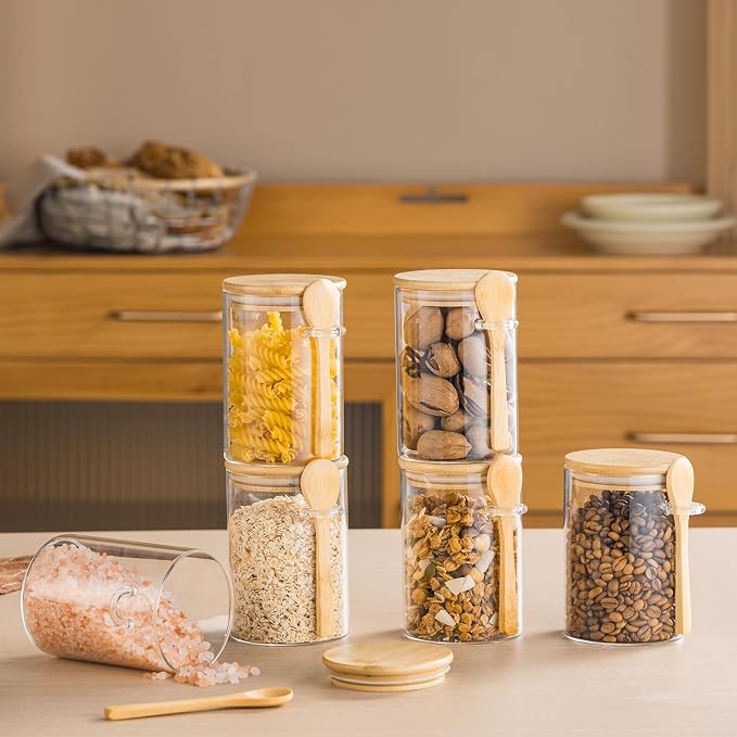 6 Pack 16oz Glass Jars with Bamboo Lids and Spoon,Overnight Oats Container,Round Glass Containers for Food,Oatmeal,Yogurt,Snack,Spice,Meal prep,Chia seed pudding and Salad Jar