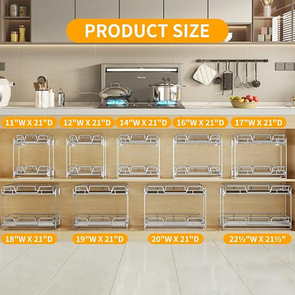 2-Tier Kitchen Cabinet Pull Out Shelf and Drawer Organizer Slide Out Pantry Storaqe Basket in Multiple Sizes (16" W x 21" D)