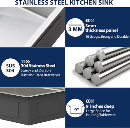 Lordear 25 Inch Drop In Kitchen Sink with Faucet 16 Gauge Stainless Steel Single Bowl 25x22x9 Topmount Kitchen Sink Workstation Sinks with Soap Dispenser