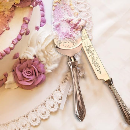 KSENDALO Elegant Wedding Cake Knife and Server Set with Hollow Handle, Rose Gold Serrated Knife Cake Cutting Set, 18/8 Stainless Steel Pie Server for Weddings, Birthdays & Anniversary,13.78inch Long