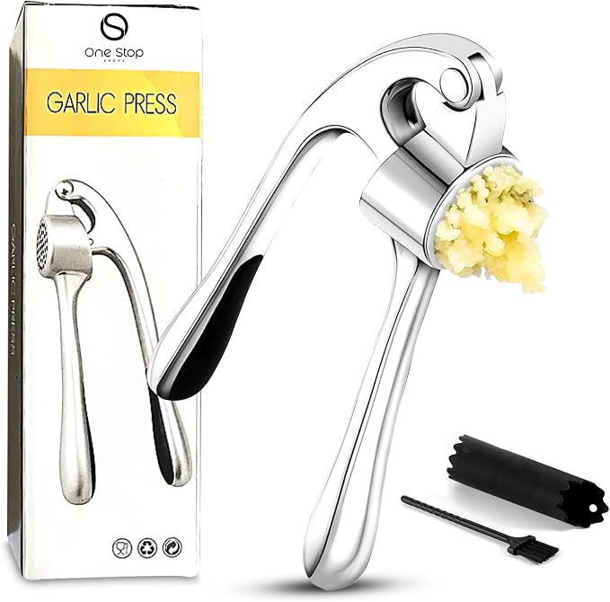Garlic Press Premium 3 Piece Set - Dishwasher Safe Professional Mincer with Soft Ergonomic Handle, Silicone Peeler, and Cleaning Brush
