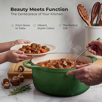 Zulay Kitchen 6.4QT Enameled Cast Iron Dutch Oven Pot with Lid, Heavy-Duty Soup Pot for Stews, Braising, Roasting & Sourdough Bread Baking, Oven Safe up to 500°F - Green