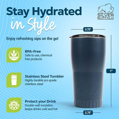 Silver Buffalo Double Walled Vacuum Insulated Stainless Steel Tumbler With Easy Sip Lid Keeps Hot and Cold, Travel Coffee Mug Clear Lid, 20 Ounces, Matte Gray