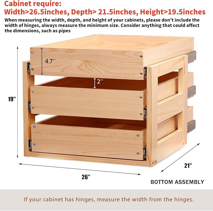 Mulush Pull Out Drawers For Cabinets, 26''W×21''D×19''H Soft Close Slide Out Wood Shelves Storage Organizer for Kitchen, 3-Tier, Finished, Heavy-Duty, Bottom Assembly