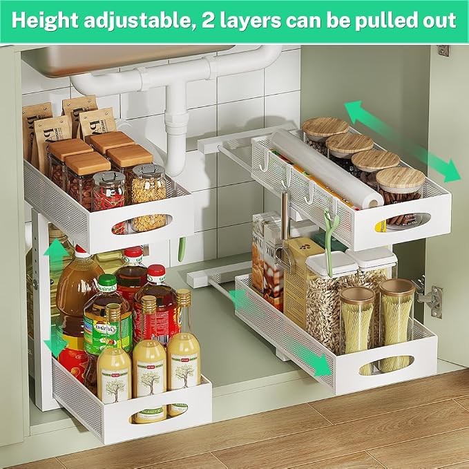 2-Pack Under Sink Organizer, 2-Tier Pull Out Baskets, White | Rustproof carbon steel, 2 tier mesh sliding drawers, Height adjustable to bypass pipes, For kitchen, bathroom, laundry