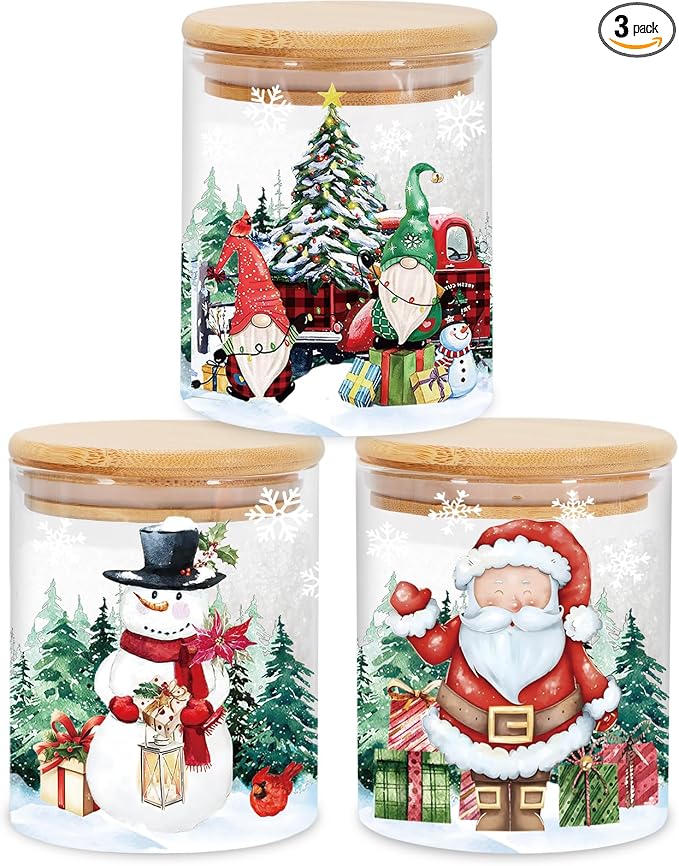 JarThenaAMCS 3Pcs Christmas Glass Storage Jars with Airtight Lid Watercolor Snowman Santa Gnome Decorative Canisters Sets for Winter Xmas Home Kitchen Countertop