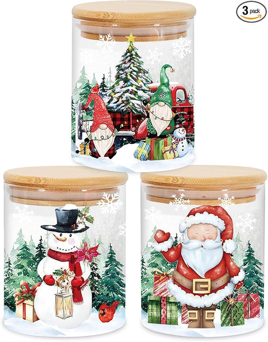 JarThenaAMCS 3Pcs Christmas Glass Storage Jars with Airtight Lid Watercolor Snowman Santa Gnome Decorative Canisters Sets for Winter Xmas Home Kitchen Countertop