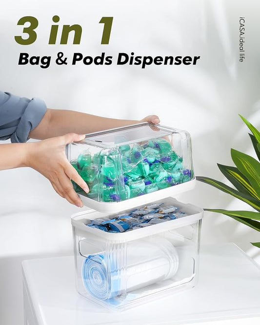 iCASA Trash Bag and Dishwasher Pod Dispenser - 3 in 1 Clear Storage Bins Holder for 13/30/33 Gallon Garbage Bags, Laundry Detergent Pods & Tabs, Under Sink Organizer for Kitchen and Laundry Room