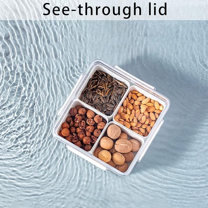 Divided Serving Tray with Lid for Veggie Charcuterie Container Portion Control Salad Keeper with 4 Removable Boxes Stackable Refrigerator Organizer Bins Food Storage Organizer Produce Saver