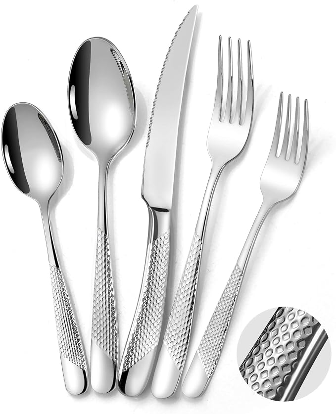 Lemeya 20-Piece Hammered Silverware Set for 4,18/10 Stainless Steel Flatware Set with Serrated Forged Knives,Heavy Duty Cutlery Set for Home & Party Restaurant,Mirror Polished, Dishwasher Safe