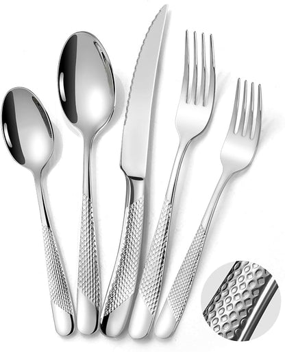 Lemeya Hammered 30 Pieces Set Silverware Set for 6 with Serrated Forging Knives,18/10 Stainless Steel Modern Flatware Set,Unique Cutlery Set,Mirror Polished,Dishwasher Safe
