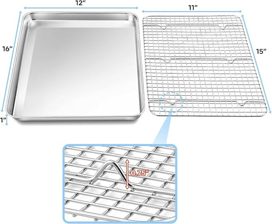 TeamFar Baking Sheet with Rack, 16 x 12 x 1 Inch Stainless Steel Cookie Baking Pan Tray with Grid Rack for Baking Roasting Cooling, Healthy & Heavy-Duty, Oven & Dishwasher Safe