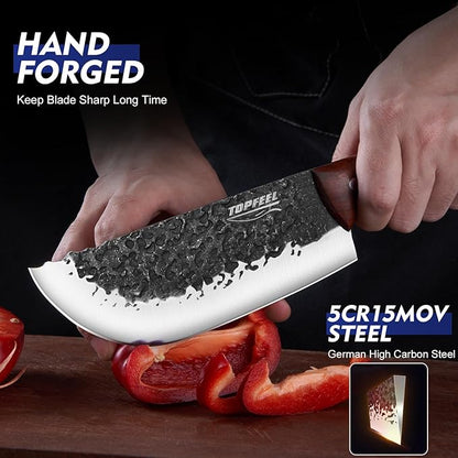Topfeel 8PCS Chef Butcher Fish Knife Set for Meat Cutting with Roll Bag, Hand Forged Meat Cleaver Knife Boning Carving Knife Set for Home、Camping、BBQ