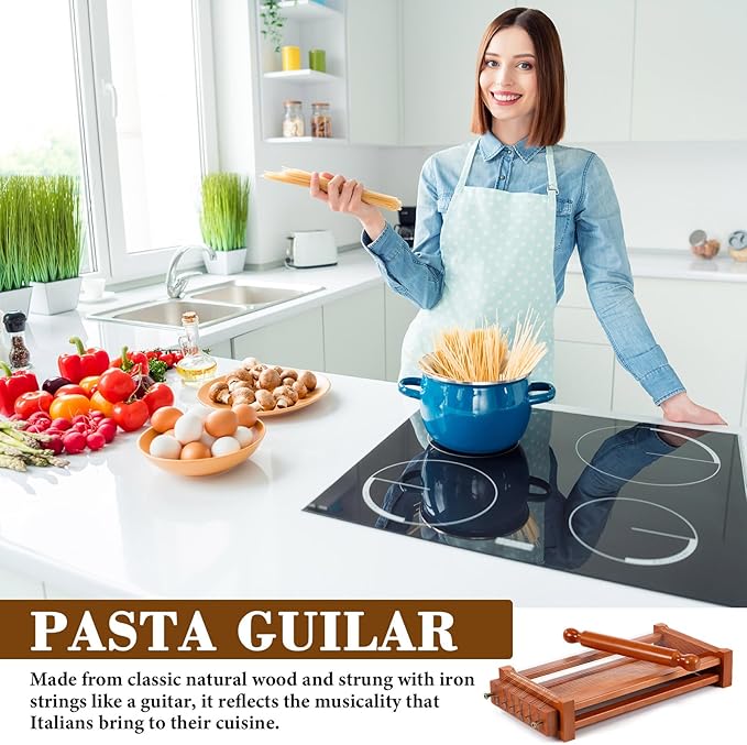 SiliFine Chitarra Cutter Italian Pasta with Rolling Pin Guitar Board Making Tool Pasta Machine for Spaghetti, Lasagna(Dark Wood Color,Wood)