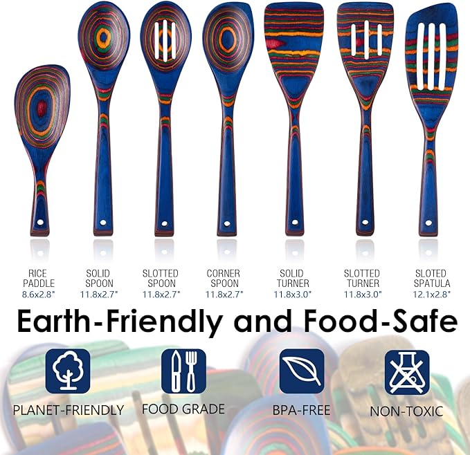 HOWHONG Wooden Spoons for Cooking, Pakkawood Kitchen Utensil Set Spectrum Color, Premium Durable Wooden Utensils for Nonstick Cookware, Heat Resistant, Smooth Finish, Comfortable Grip, 7 Piece