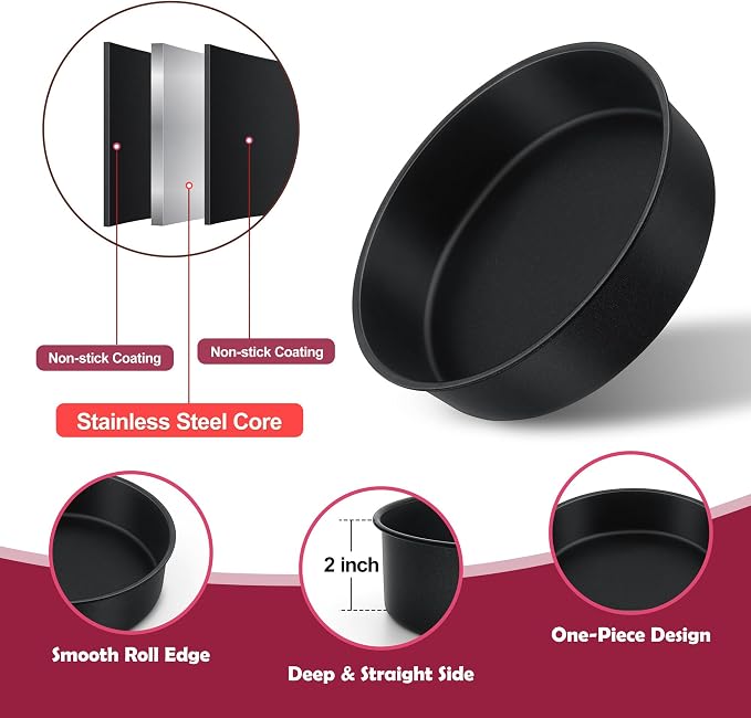 E-far 8 Inch Cake Pan Set of 3, Nonstick Round Baking Layer Cake Pans, Stainless Steel Core & Non-Toxic Coating, 2 Inch Deep (Black)