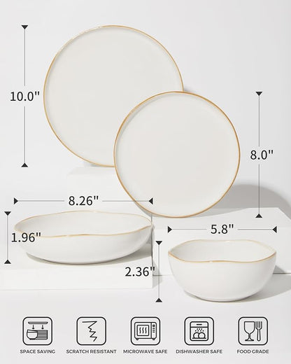 Pokini 24 Pieces Dinnerware Set for 6 with Pasta Bowls, Complete Ceramic Dish Set, Stackable & Glossy Stoneware Plate and Bowl Set for Effortless Everyday Hosting, White