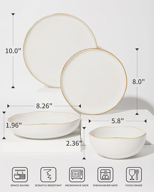 Pokini Plates and Bowls Sets, 16 Pieces Dinnerware Set for 4 with Pasta Bowls, Handmade Dishes Set, Chip Resistant Dishware Sets, Microwave Safe Dinner Set, Designed for Interactive Meals, White