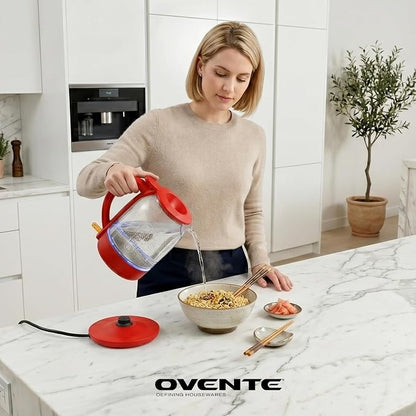 OVENTE Electric Kettle with 1.5L Borosilicate Glass, 1500W Fast Boiling Water Heater for Coffee or Tea, Easy to Fill Lid, Auto Shut-Off, Boil-Dry Protection & Stainless Steel Filter, Red KG516R