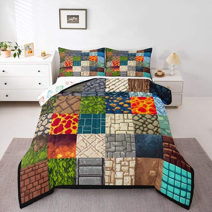 Manfei Video Game Comforter Set -Pixelated Themed Game Comforter Full Size Block Theme Gaming Bedding Set for Kids Women Men Bedroom Decor Fashion Modern Quilt Duvet,3 Pcs with 2 Pillowcase