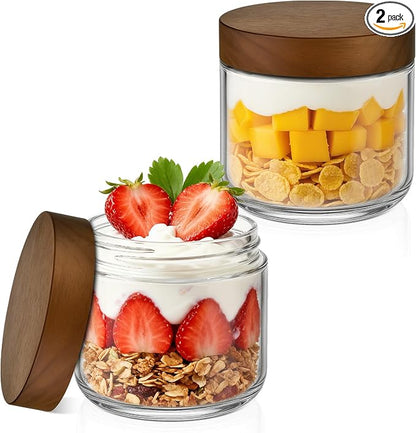 Bumobum 8 oz Glass Mason Jars with Lids, Small Glass Container with Acacia Wood Airtight Lid, Wide Mouth Canisters for Chia Pudding Loose Tea Coffee Salad Snacks Yogurt Spice, 2-Pack