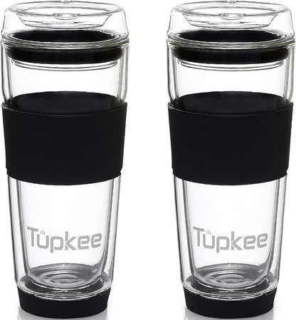 Double Wall All Glass Tumbler - 14-Ounce, Reusable Insulated Tea/Coffee Mug & Lid, Hand Blown Glass Travel Mug - Black - 2 Pack