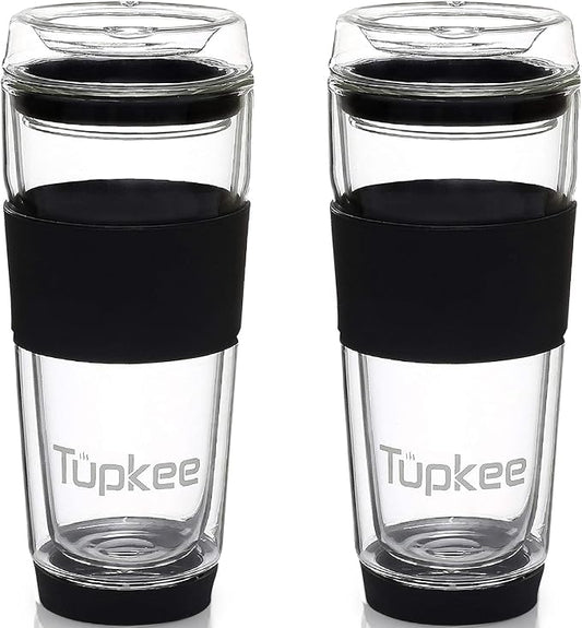 Double Wall All Glass Tumbler - 14-Ounce, Reusable Insulated Tea/Coffee Mug & Lid, Hand Blown Glass Travel Mug - Black - 2 Pack