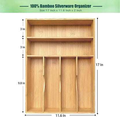 guiogc Bamboo Kitchen Drawer Organizer, 11.6" W x 17" H Silverware Utensil Tray Holder, Wood Cutlery Tray for Silverware, Flatware, Bedroom, Organization of office supplies