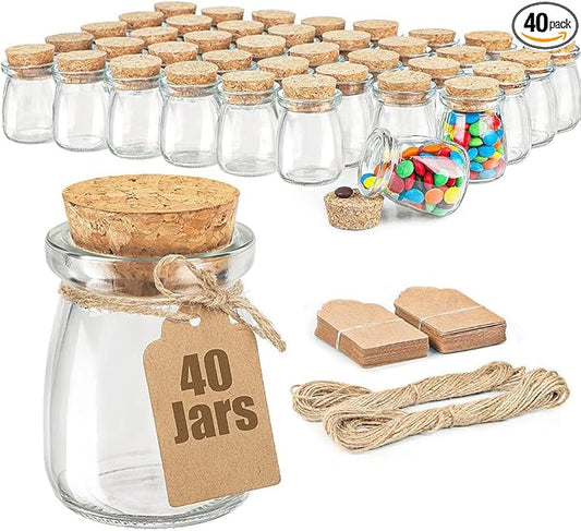Ritayedet 40 Pack Glass Favor Jars with Cork Lid, 3.4 oz Small Glass Bottles for Wedding Favor, Baby Shower, Party Favor, Gift Jars for Candy, Bonus Twine and Labels