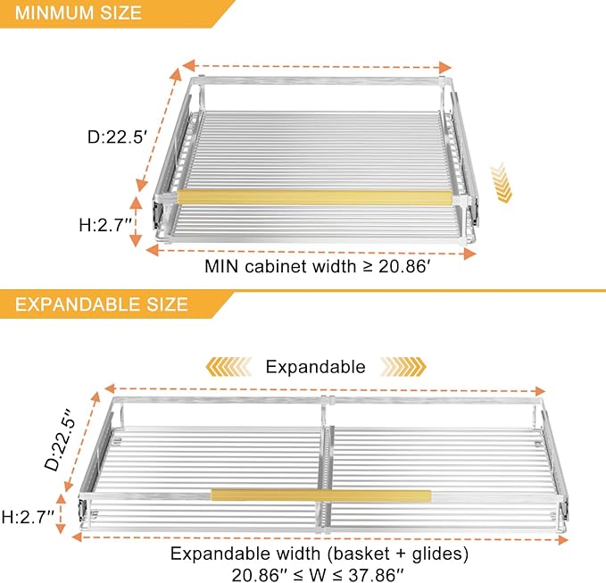 SANNO Pull Out Cabinet Organizer, Slide Out Kitchen Cabinet Storage Sliding Shelves, Bottom-Mounted,Expandable Slide Out Shelves for Home, Kitchen, Bathroom, Pantry, Closet(1pack)