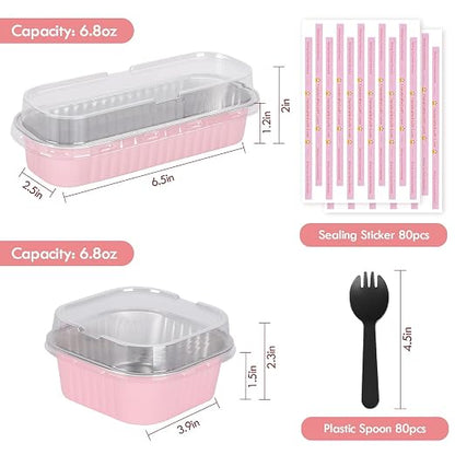 YQER Mini Loaf Pans with Lids for Baking Bread Disposable, 50Pcs 6.8oz Mini Cake Pans with Lids and Spoons Pink Sticker & 30Pcs 10oz Square Aluminum Pans Kit, Dessert Foil Baking Cupcake Tins
