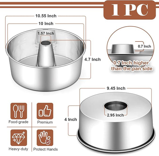 P&P CHEF Angel Food Cake Pan, 10 Inch Cake Pan Round Baking Tube Tin for Baking Pound Cakes, Conical Hollow & One-piece Design, Stainless Steel Core & Heavy-duty, Oven Safe - Silver