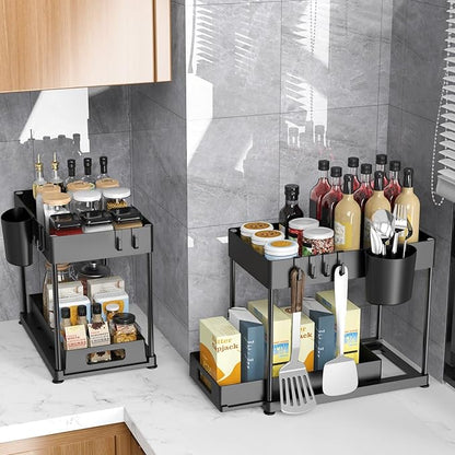 2 Pack Under Sink Organizer with Pull-Out Drawer, Black | 2-Tier Cabinet Storage, Kitchen & Bathroom, Tool-Free Assembly, Fits Cleaning Supplies & Toiletries, Space Saving