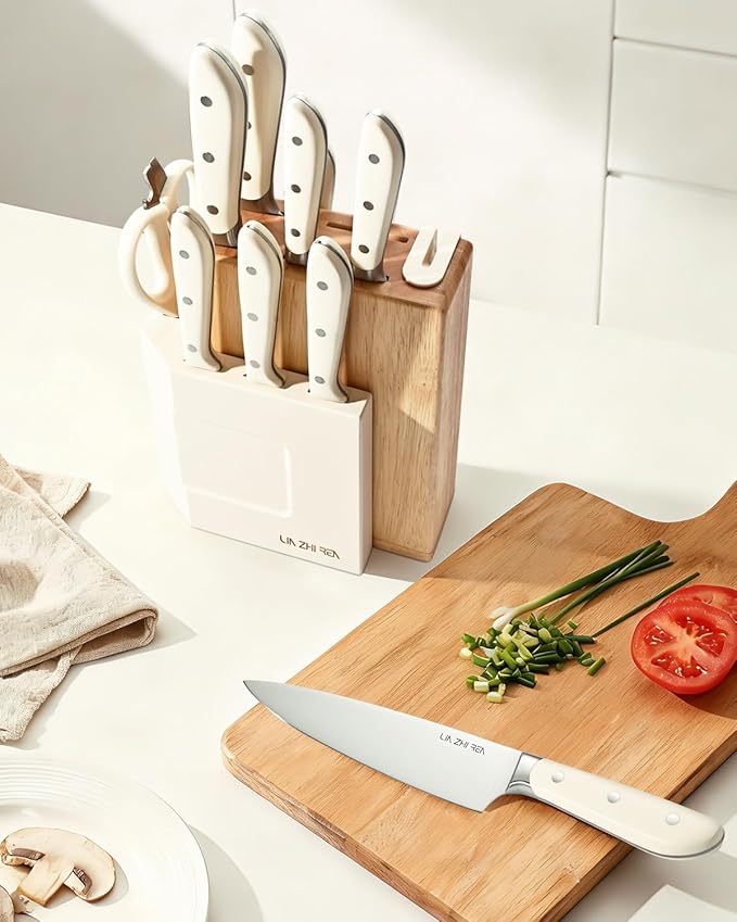 14-Piece Kitchen Knife Set with Detachable Block, High Carbon Stainless Steel Dishwasher Safe Knives, Includes Chef, Santoku, Bread, Steak Knives for Home Kitchen,White